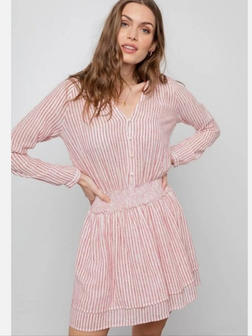 Rails Jasmine Belmont Stripe Smock Waist Mini Dress Red & White Stripe Size S